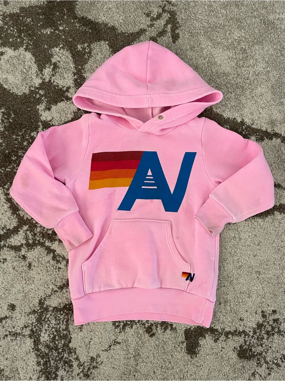 Aviator Nation Pink Hoodie with Blue AN Logo and Rainbow Stripe